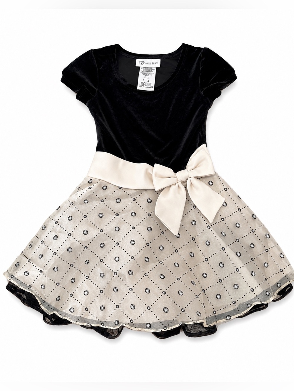 Bonnie Jean Girls Black Velvet & Cream Tulle Bow Dress Size 4